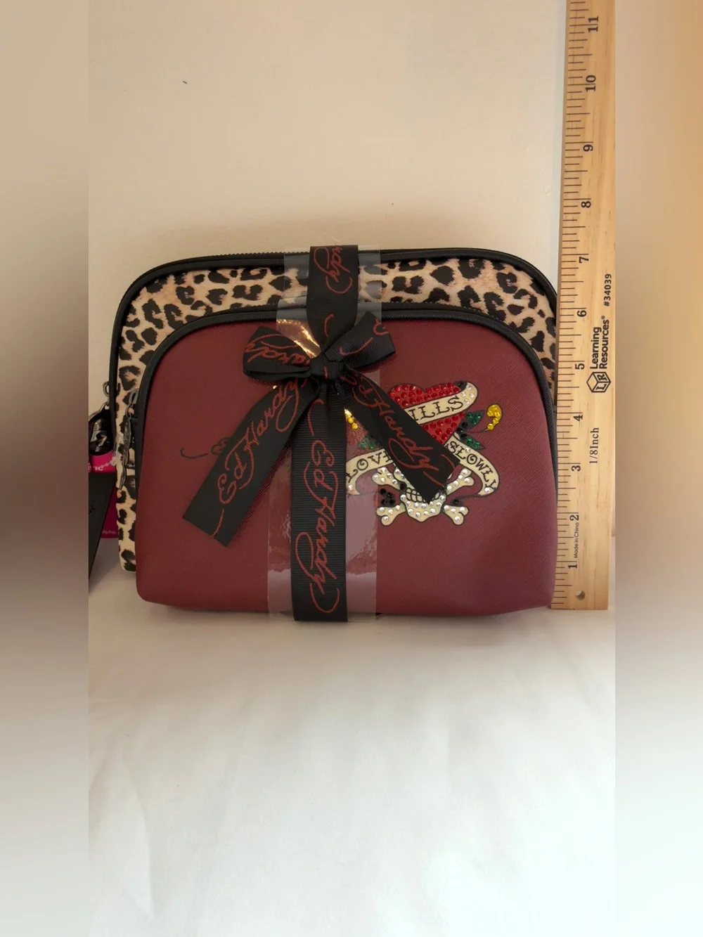 Ed Hardy Cosmetic Bag with Leopard Trim and Skull Patch 2pc Set